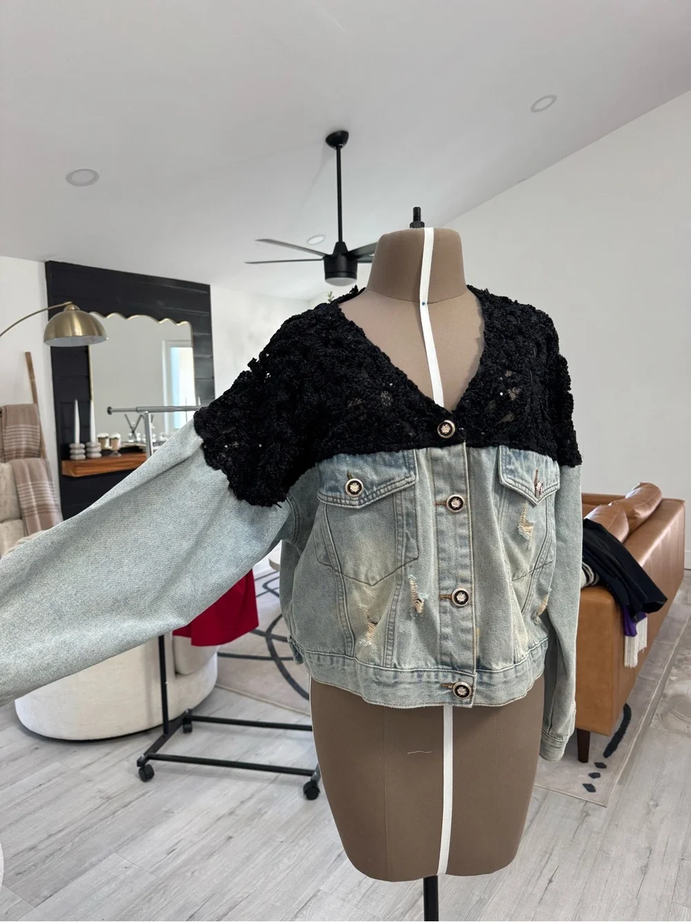 Black Crochet Yoke Light Wash Cropped Denim Jacket